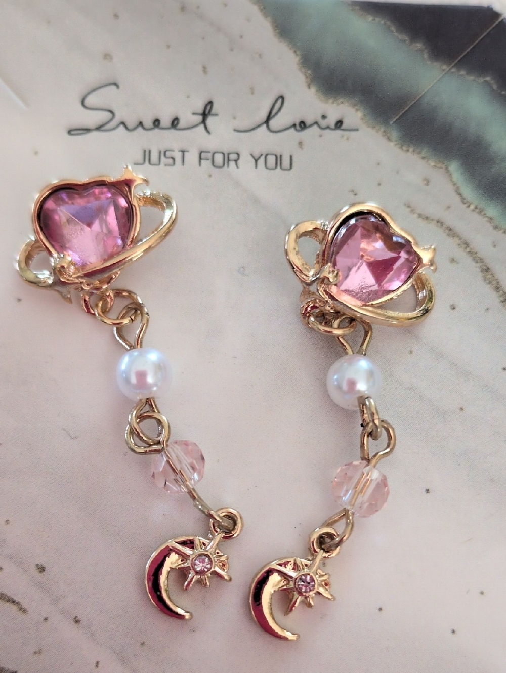 SWEET LOVE Pink Heart & Pearl Drop Earrings  With Moon  gold-tone